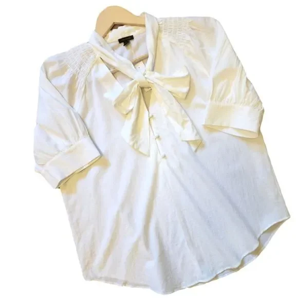 Ann Taylor Ivory Short Sleeve Neck Tie Blouse, Medium - Picture 2 of 15